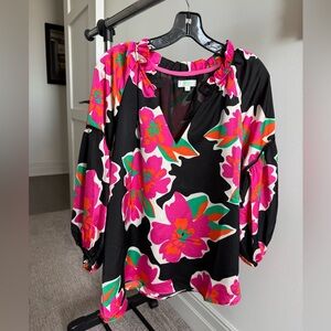 Vibrant Floral Blouse with Ruffled Neckline